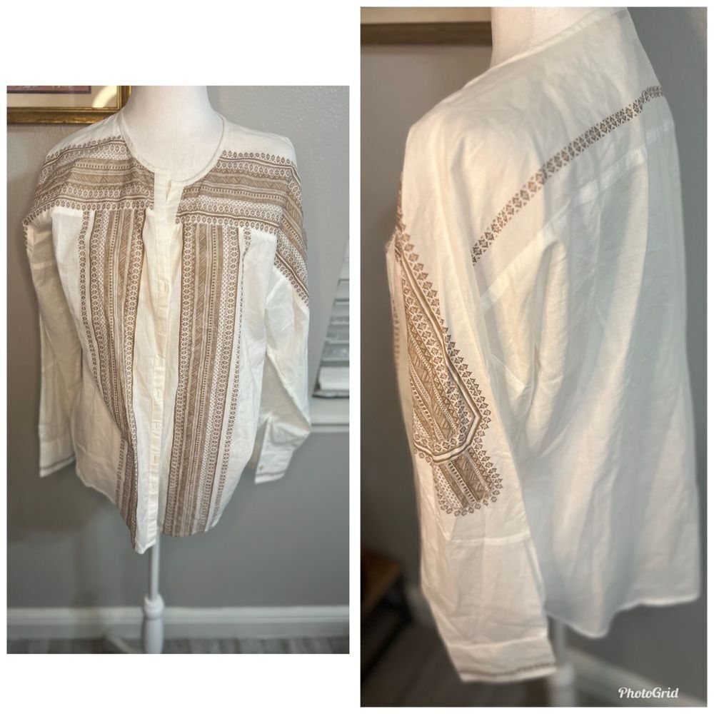 Sundance Cotton Bohemian Print Top Long Sleeve White Brown P 10 Medium